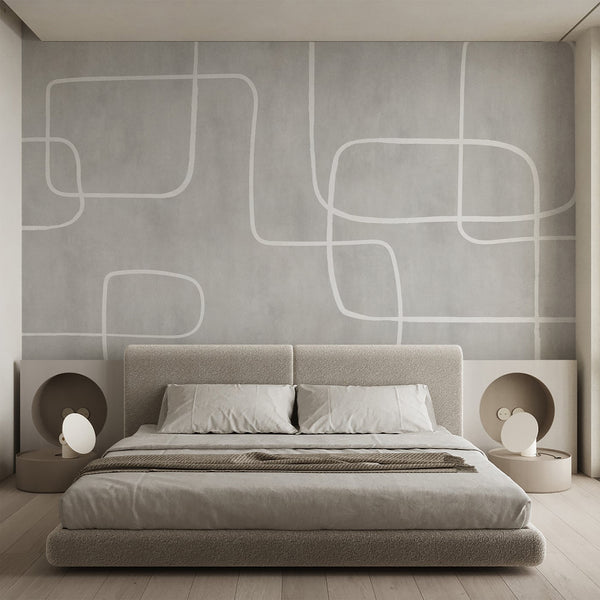 Light gray geometric wallpaper with flowing white abstract lines, creating a soft minimalist wall design for modern living rooms and bedrooms.