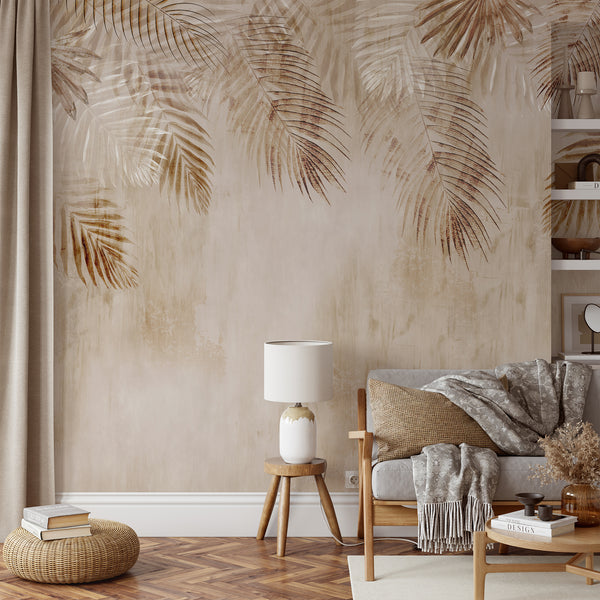 Abstract Beige Tropical Leaves Wall Mural CCM200