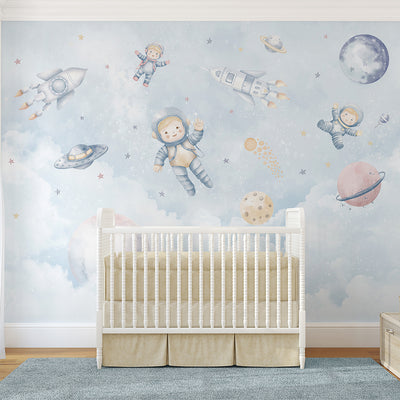 Light Blue Astronauts & Rockets Wall Mural SM097