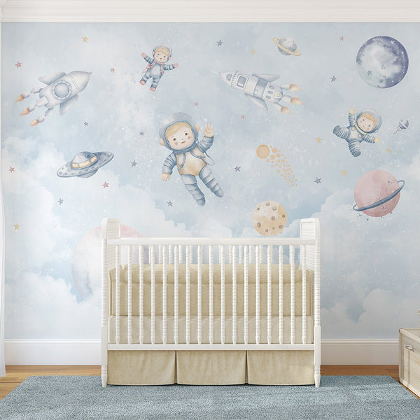 Light Blue Astronauts & Rockets Wall Mural SM097 - CostaCover - Peel and stick Removable Wallpaper - accent wallpaper - adhesive wallpaper - baby bedroom