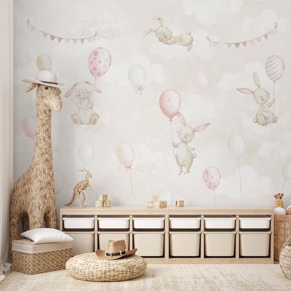Beige Bunny & Balloons Wall Mural SM078 - CostaCover - Peel and stick Removable Wallpaper - abstract wall art - abstract wallpaper - accent wallpaper