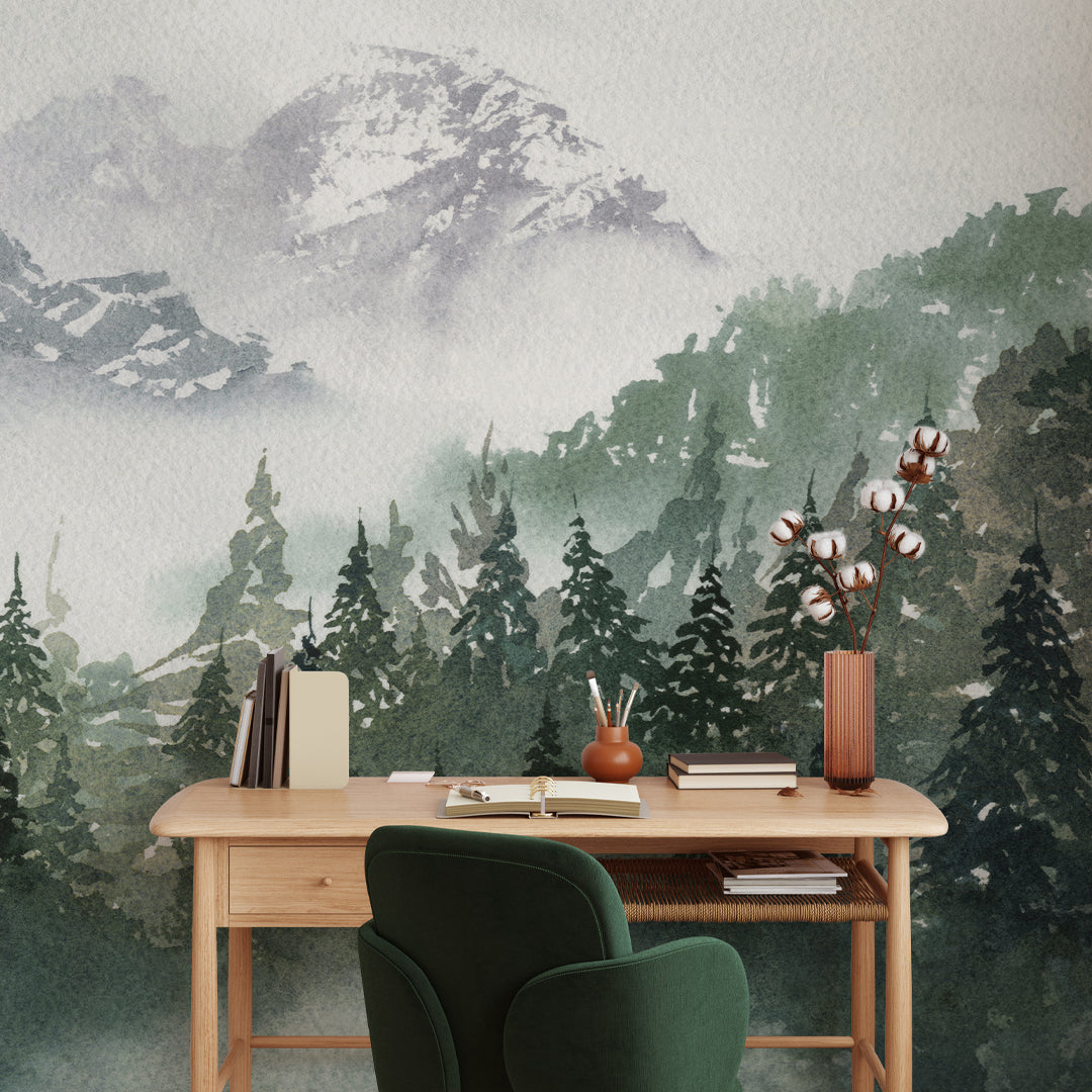 Watercolor Forest and Foggy Mountains Self Adhesive Wall Mural WM036