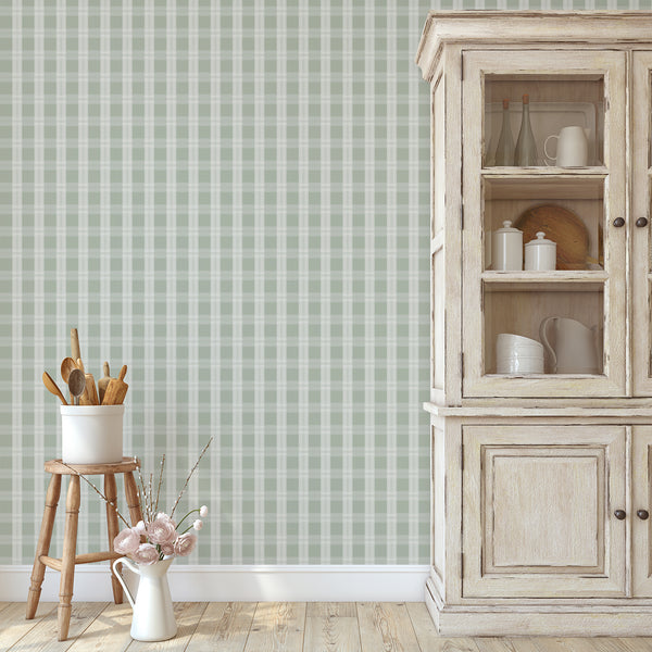 Removable sage green wallpaper featuring a classic plaid design with fine cream stripes, perfect for cottagecore, farmhouse, and modern interiors.