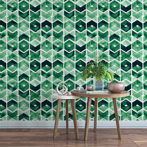 Watercolor Green Chevron Wallpaper CC191 - CostaCover - Peel and stick Removable Wallpaper - Abstract - abstract wallpaper - accent wallpaper