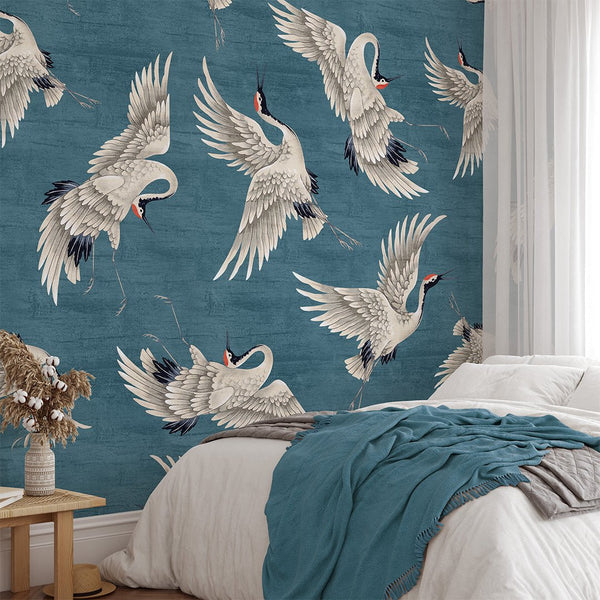 Flying Blue Japanese Cranes Wall Mural WM116 - CostaCover - Peel and stick Removable Wallpaper - accent wallpaper - adhesive wallpaper - aqua blue