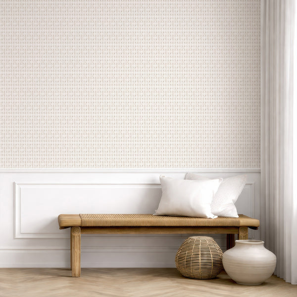Geometric wallpaper with beige motifs, perfect for adding structure to minimalist Scandinavian or organic design themes.