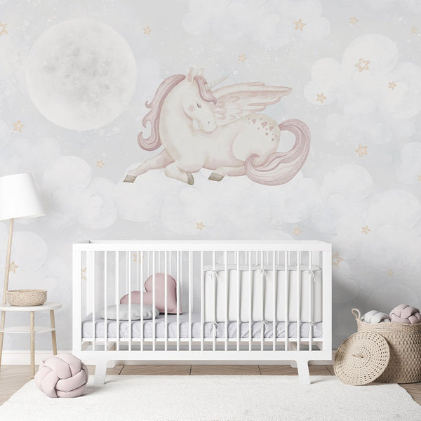 Dreaming Unicorn & Moon Wall Mural AM145 - CostaCover-Peel and stick Removable Wallpaper-accent wallpaper-adhesive wallpaper-baby bedroom