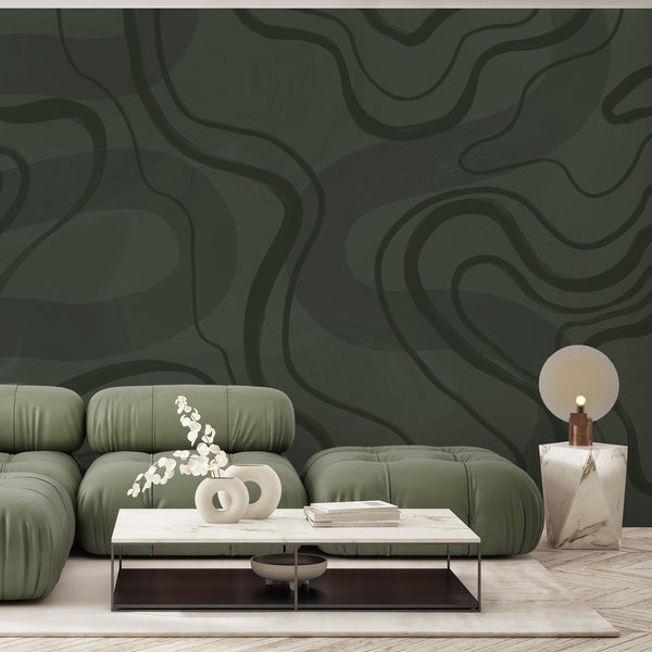 Dark green abstract wallpaper with large flowing curves and subtle textured layers, perfect for a modern living room or sophisticated bedroom.