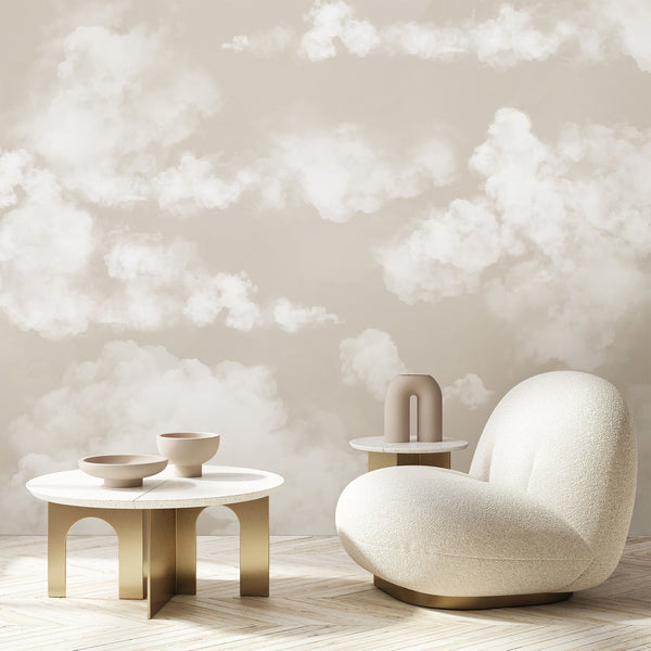 Panoramic Beige Sky & Clouds Wall Mural with smooth, feathered cloud edges blending into a warm sand background. Suitable for nurseries or tranquil home offices, this mural provides a light, expansive ambiance without bold contrast. Easy to apply and reposition, made from eco-friendly materials, perfect for renters and decorators seeking a modern touch.