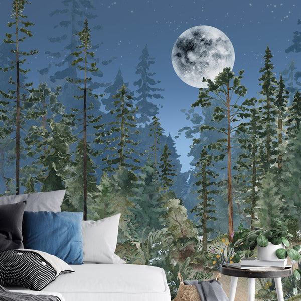 Night Sky & Woodland Wall Mural WM028 - CostaCover - Peel and stick Removable Wallpaper - adhesive wallpaper - baby bedroom - bathroom wallpaper