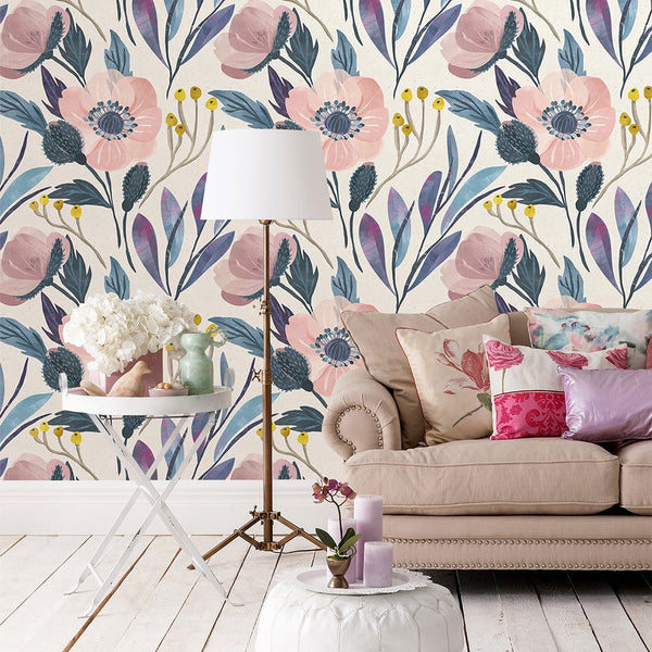 Poppy Pink Flower Wallpaper CC005 - CostaCover - Peel and stick Removable Wallpaper - adhesive wallpaper - bathroom wallpaper - bedroom interior