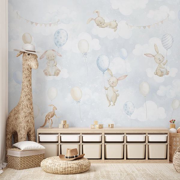 Blue Bunny & Balloons Wall Mural SM080 - CostaCover - Peel and stick Removable Wallpaper - abstract wall art - abstract wallpaper - accent wallpaper