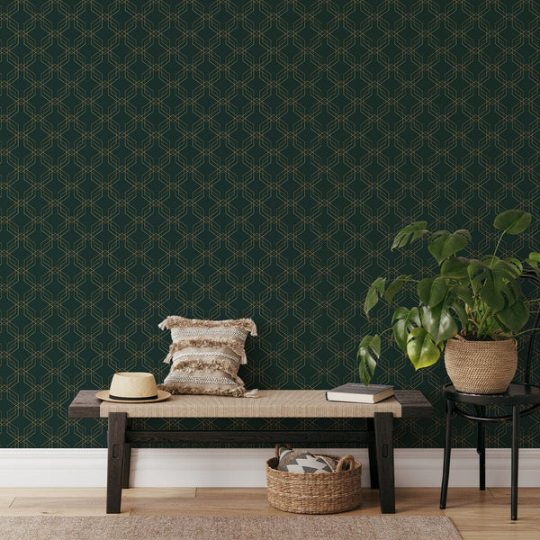 Dark Green Gold Effect Art Deco Wallpaper CC325 - CostaCover - Peel and stick Removable Wallpaper - abstract wallpaper - accent wallpaper - adhesive wallpaper