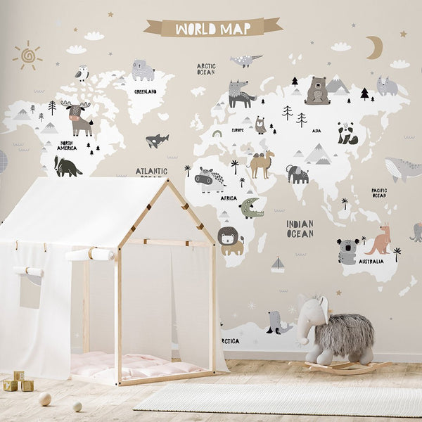 Beige World Map With Animals Wall Mural AM112 - CostaCover - Peel and stick Removable Wallpaper - abstract wall art - accent wallpaper - adhesive wallpaper