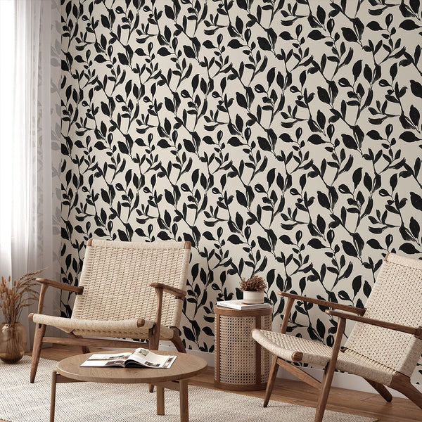 Beige & Black Floral Grasscloth Wallpaper CG028 - CostaCover - Traditional Wallpaper - abstract floral - abstract wallpaper - bathroom wallpaper