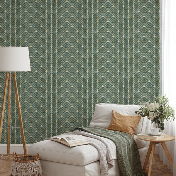 Green Art Deco Wallpaper CC336 - CostaCover - Peel and stick Removable Wallpaper - abstract wall art - abstract wallpaper - accent wallpaper