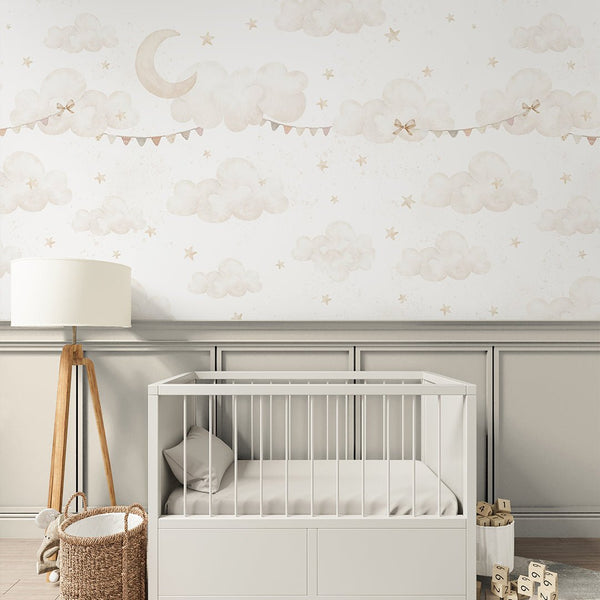 Beige Clouds Moon & Bunting Wall Mural SM070 - CostaCover - Peel and stick Removable Wallpaper - Abstract - abstract wall art - abstract wallpaper