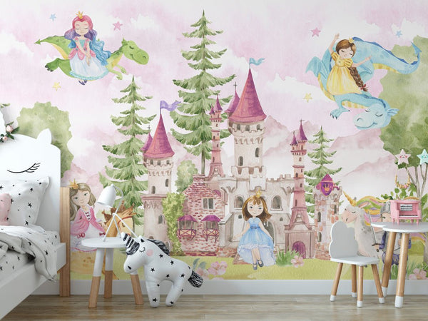 Magic Castle with Princesses Wall Mural WM069 - CostaCover - Peel and stick Removable Wallpaper - abstract floral - abstract wallpaper - accent wallpaper