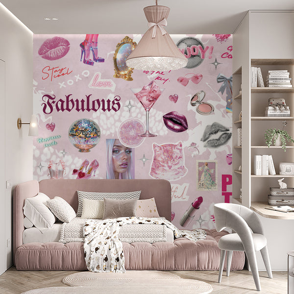 Pink Glam Fashion wall mural with sparkly graphics and a pastel pink wash, perfect for a girls room or a chic retail corner looking for a statement piece.