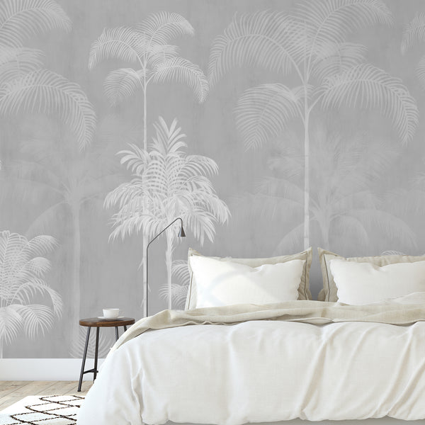 Neutral gray palm tree wall mural featuring tall tropical trees and delicate white foliage for a minimalist bedroom or living room interior.