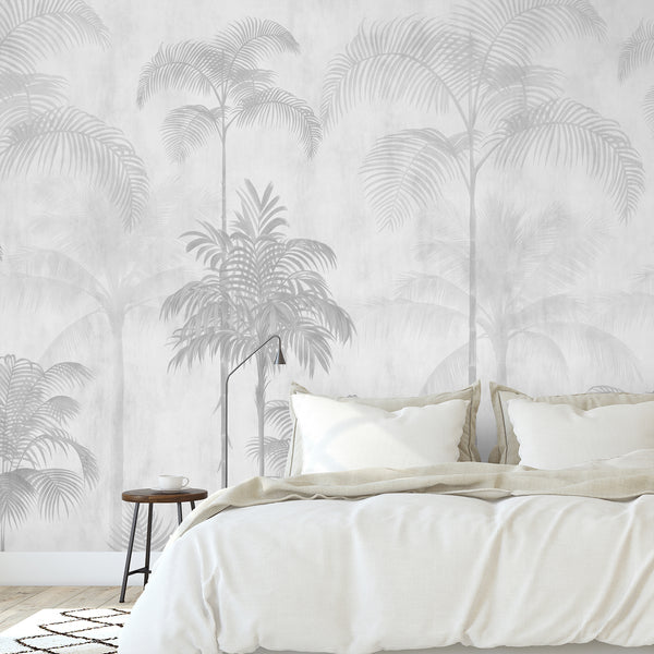 Neutral palm tree wallpaper featuring an airy tropical landscape with tall palms and delicate gray foliage for modern living room wall decor.