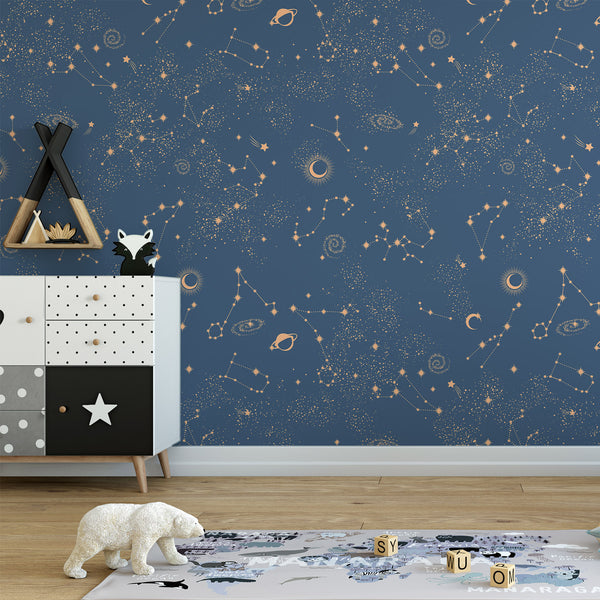 Close-up of celestial Blue Sky & Constellation wallpaper with constellation lines and nebula speckles. Made in the USA, this temporary wallpaper offers a high-quality, self-adhesive option for a bold bedroom or nursery decor.