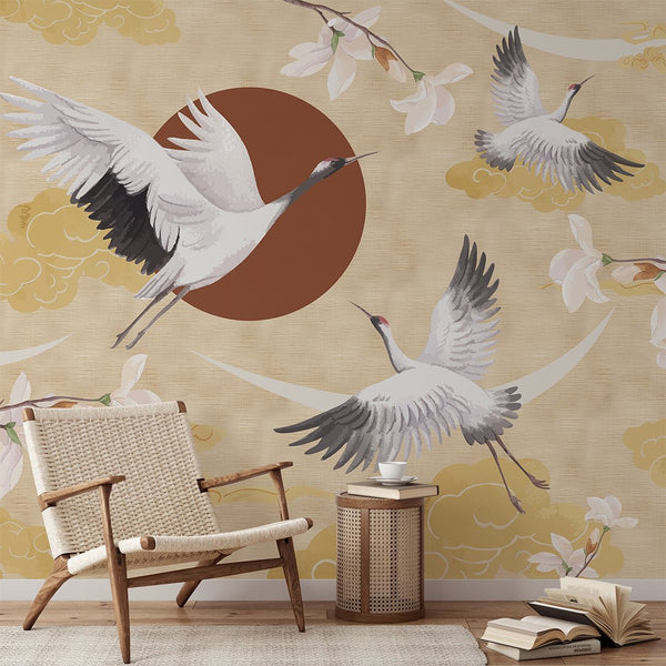 Chinoiserie Crane & Sunset Grasscloth Wall Mural CG002 - CostaCover - Traditional Wallpaper - accent wallpaper - bathroom wallpaper - bedroom wallpaper