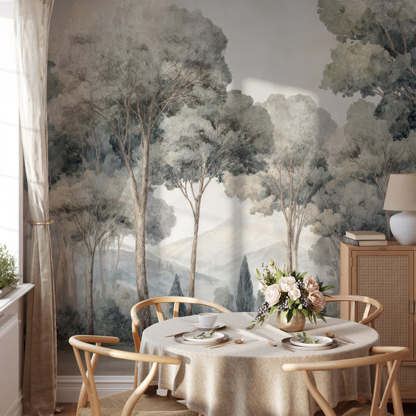 Layered watercolor forest mural in muted greens and taupe, ideal for a calm office feature wall. Easy to apply and reposition, this wallpaper is a great choice for renters and decorators.