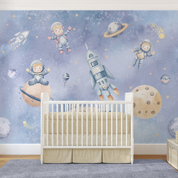 Purple Astronauts & Planets Wall Mural SM082 - CostaCover - Peel and stick Removable Wallpaper - accent wallpaper - adhesive wallpaper - baby bedroom