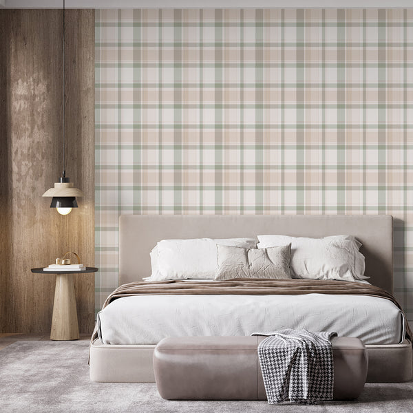 Neutral tartan wall mural with warm cream, beige and soft sage green tones, adding timeless country cottage character to a bedroom or living room.