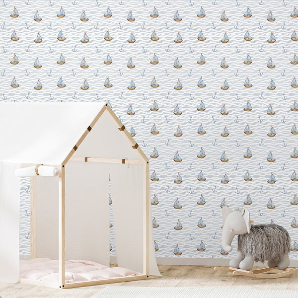 Tiny Sailboat & Wave Wallpaper A061 - CostaCover-Peel and stick Removable Wallpaper-abstract wall art-accent wallpaper-adhesive wallpaper
