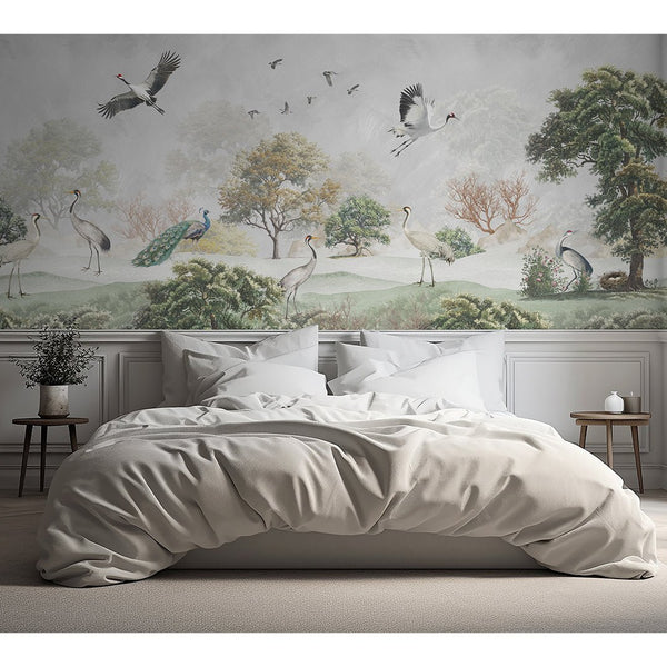 Vintage Japanese Crane Wall Mural CCM207 - CostaCover - Peel and stick Removable Wallpaper - accent wallpaper - adhesive wallpaper - bathroom wallpaper