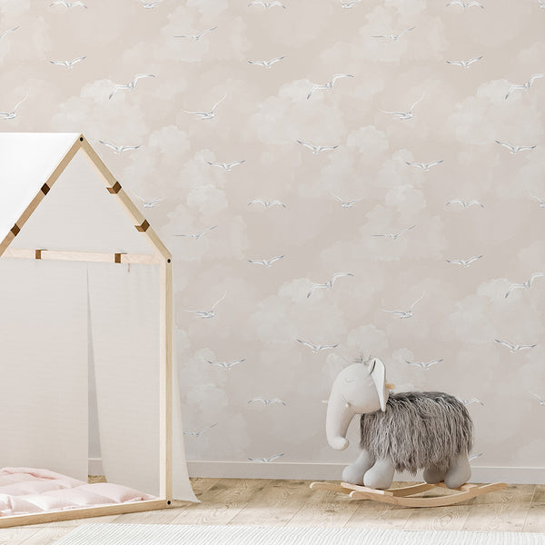 Beige Sky & Seagulls Wallpaper A107