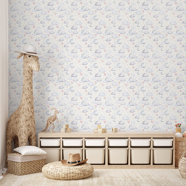 Clouds Moon & Hearts Wallpaper S125 - CostaCover-Peel and stick Removable Wallpaper-accent wallpaper-adhesive wallpaper-baby bedroom