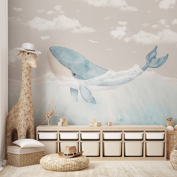 Blue Whale & Beige Sky Wall Mural SM058 - CostaCover - Peel and stick Removable Wallpaper - accent wallpaper - adhesive wallpaper - baby bedroom