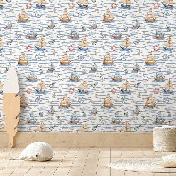 Sailboats & Waves Wallpaper A062 - CostaCover-Peel and stick Removable Wallpaper-abstract wall art-abstract wallpaper-accent wallpaper