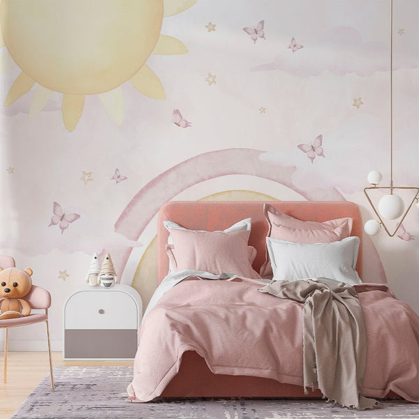 Pink Rainbow & Sun Wall Mural AM144 - CostaCover-Peel and stick Removable Wallpaper-accent wallpaper-adhesive wallpaper-baby bedroom