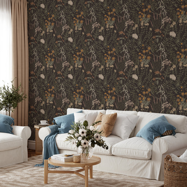 Elegant Moody Dark Floral Wallpaper with a layered design of wildflowers and leaves on a deep, near-black base. This vintage-inspired, self-adhesive wallpaper is perfect for creating cozy depth in dining rooms or living rooms, emphasizing high-quality materials and easy application.