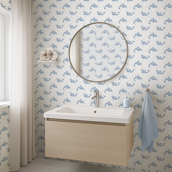 Blue Tiny Dolphins Wallpaper S086 - CostaCover - Peel and stick Removable Wallpaper - accent wallpaper - adhesive wallpaper - baby bedroom