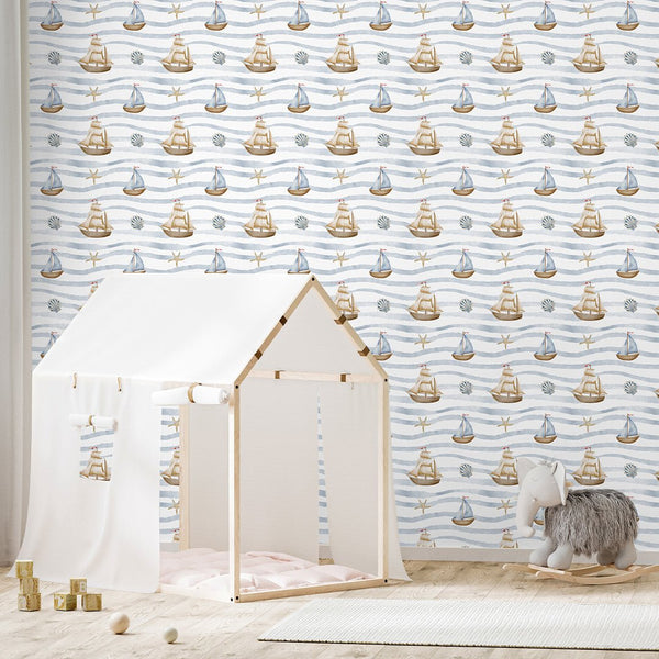 Pastel Sailboats & Waves Wallpaper A063 - CostaCover-Peel and stick Removable Wallpaper-abstract wall art-abstract wallpaper-accent wallpaper