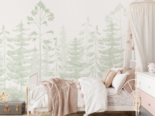 Soft Green Watercolor Pine Trees Wall Mural WM096 - CostaCover - Peel and stick Removable Wallpaper - accent wallpaper - adhesive wallpaper - baby bedroom