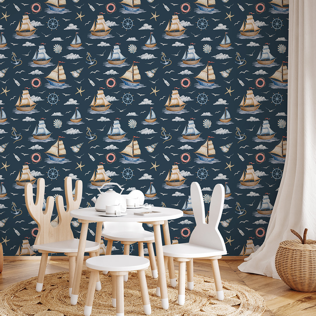 Dark Blue Sailboats Wallpaper A064