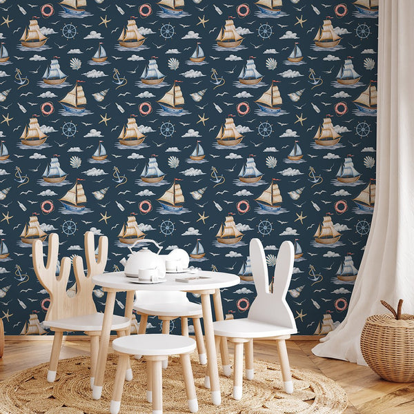 Dark Blue Sailboats Wallpaper A064 - CostaCover-Peel and stick Removable Wallpaper-abstract wall art-accent wallpaper-adhesive wallpaper