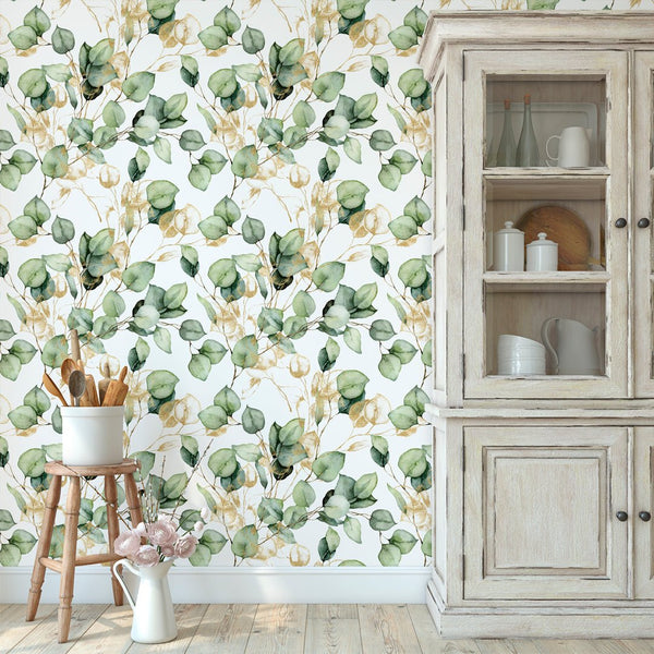 Green & Gold Eucalyptus Wallpaper CC283 - CostaCover - Peel and stick Removable Wallpaper - abstract floral - abstract wallpaper - accent wallpaper