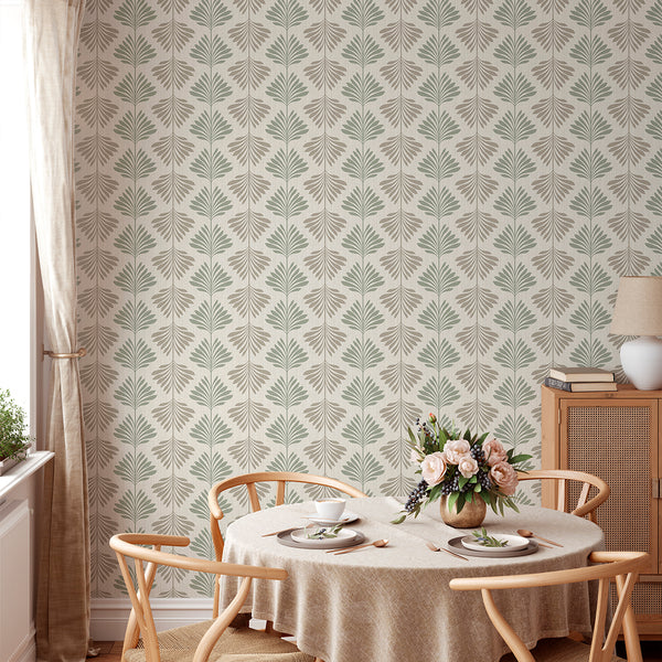 Sage Green Beige Palm Leaf Wallpaper L013
