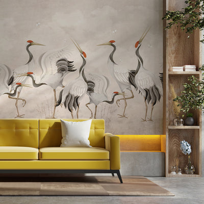 Beige Japanese Cranes Wall Mural WM107