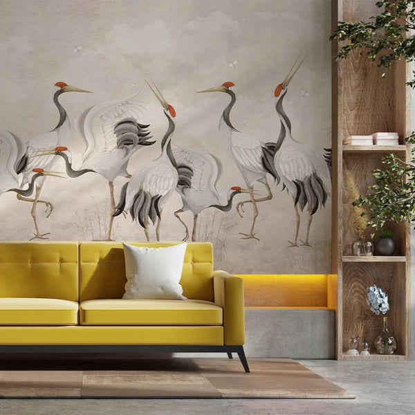 Beige Japanese Cranes Wall Mural WM107 - CostaCover - Peel and stick Removable Wallpaper - accent wallpaper - adhesive wallpaper - bathroom wallpaper
