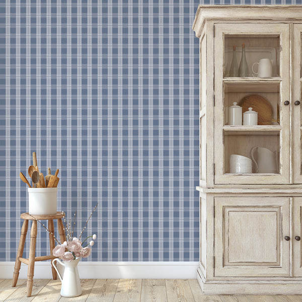Blue checkered wallpaper featuring deep muted blue blocks, pale gray stripes, and delicate linear details for coastal or modern farmhouse interiors.