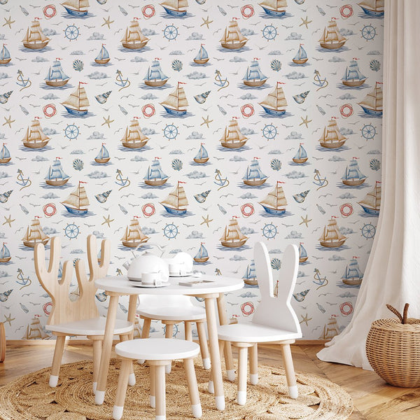 Blue Beige Nautical Wallpaper A067 - CostaCover-Peel and stick Removable Wallpaper-abstract wall art-abstract wallpaper-accent wallpaper