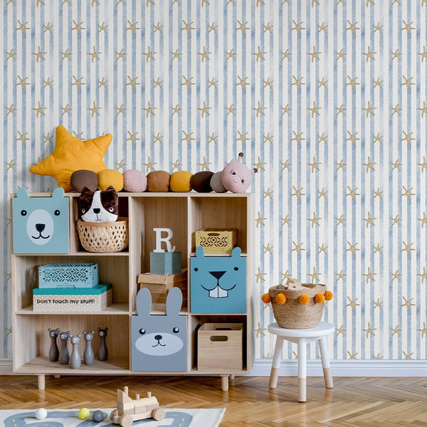 Blue Stripes & Starfish Wallpaper A068 - CostaCover-Peel and stick Removable Wallpaper-abstract wallpaper-accent wallpaper-adhesive wallpaper